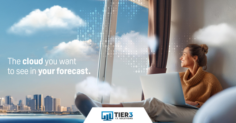 Woman with laptop looking at clouds